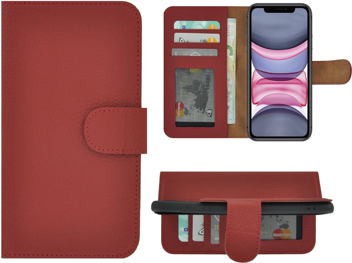 Hoesje Geschikt voor iPhone 11 - Bookcase - Portemonnee Hoes Echt leer Wallet case Rood