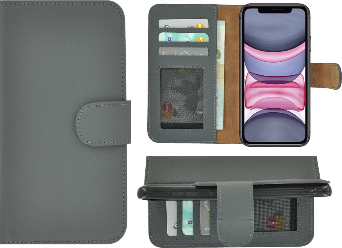 Hoesje Geschikt voor iPhone 11 - Bookcase - Portemonnee Hoes Echt leer Wallet case Grijs