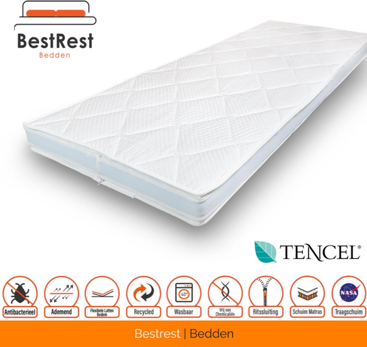 Topdekmatras Tencel - Nasa Traagschuim - Circa 12cm dik - 200x200cm