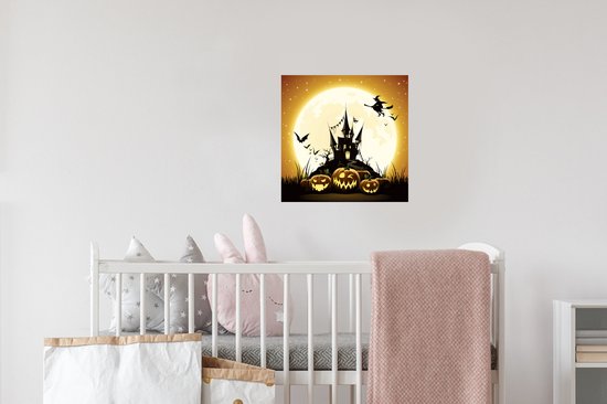 Muurstickers - Sticker Folie - Een illustratie van een heks die over een kasteel vliegt tijdens Halloween - 30x30 cm - Plakfolie - Muurstickers Kinderkamer - Zelfklevend Behang - Zelfklevend behangpapier - Stickerfolie