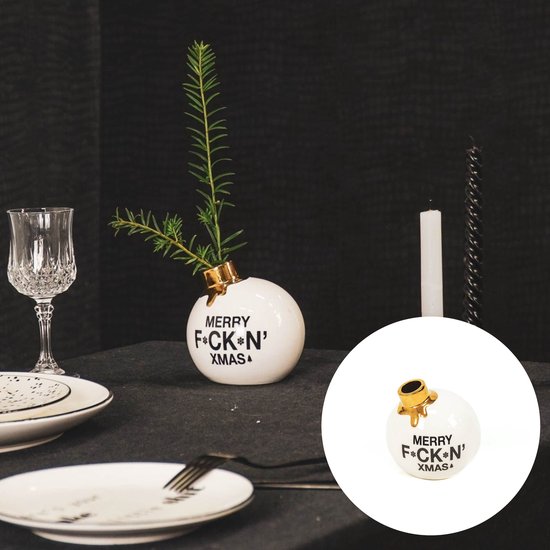 Kerst vaas  'Merry F*ck*n XMAS ' - Wit/Goud - Kerstvaas -  kerstdecoratie tafel  - Porselein- 8cm