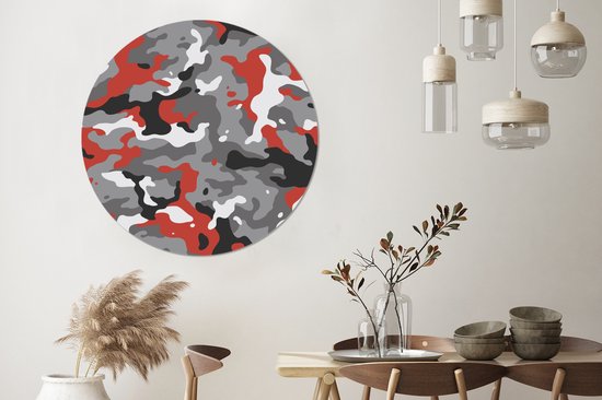 Motif camouflage avec des accents rouges Cercle mural aluminium ⌀ 120 cm - impression photo sur cercle mural / cercle vivant / cercle de jardin (décoration murale)