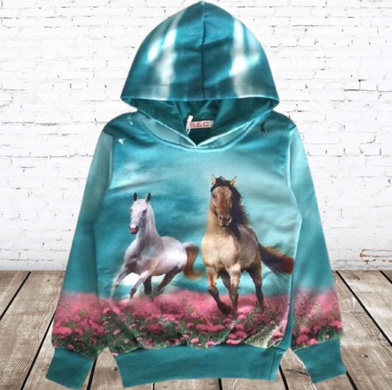 Blauwe hoodie met paarden f46 meisjes