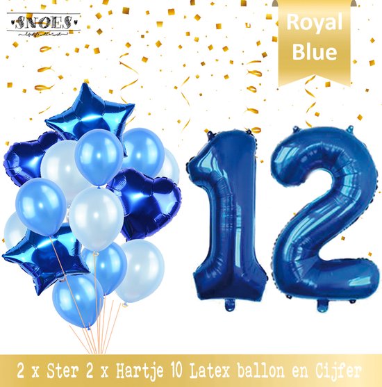 Cijfer Ballon 12 Jaar * Hoera 12 Jaar Verjaardag Decoratie  Set van 15 Ballonnen * 80 cm Verjaardag Nummer Ballon * Snoes * Verjaardag Versiering * Kinderfeestje * Royal Blue * Nummer Ballon 12 * Blauw