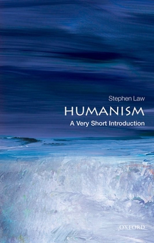 Boek "Humanism A Very Short Introduction" van Stephen Law, met een abstracte blauwe en witte omslag.