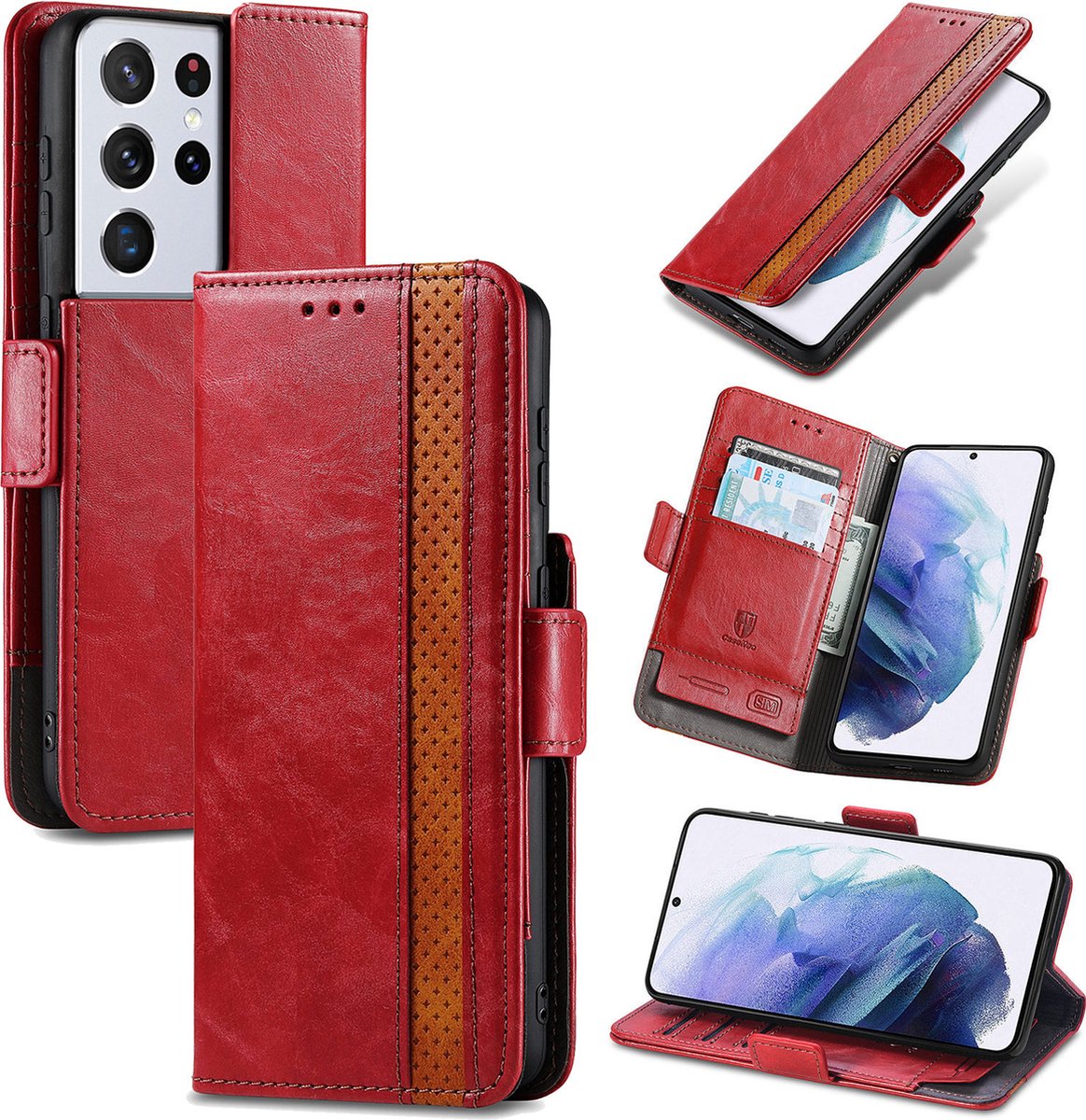 Stijlvol Tweekleurig PU-leer Wallet Flip Case voor Galaxy S21 Ultra 5G _ Rood