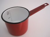 Emaille steelpan met maataanduiding en schenktuitje - Ø 12 cm - 1 liter - rood gespikkeld