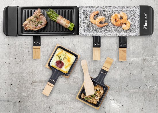 Bestron elektrische Gourmetstel, Raclette voor maximaal 4 personen, krasbestendige natuurlijke grillsteen & bakplaat met antiaanbakplaag, inclusief 4 pannen, 4 spatels & 4 Onderzetter, 650 Watt, kleur: zwart/hout. — afbeelding 2