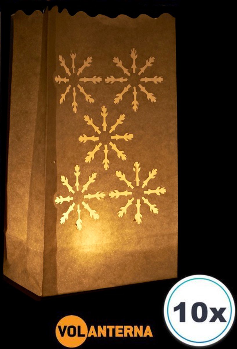 Volanterna 10 x Candle bag Kerst Sneeuwvlokken, papieren kaars houder, lichtzak, candlebags, sfeerlicht, bedrukt, theelicht, Volanterna® wit