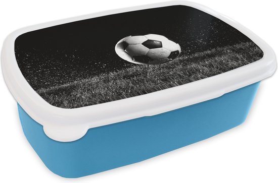 Broodtrommel Blauw - Lunchbox Brooddoos - Voetbal in gras - zwart wit - 18x12x6... | bol.com