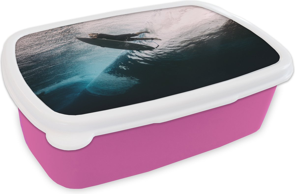 Broodtrommel Roze - Lunchbox - Brooddoos - Surfer duikt - 18x12x6 cm - Kinderen - Meisje