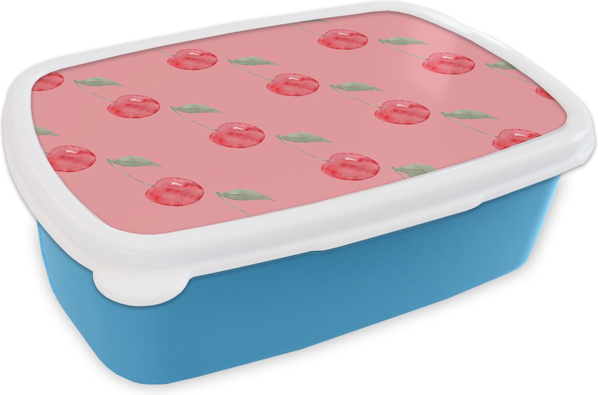 Broodtrommel Blauw - Lunchbox - Brooddoos - Kersen - Fruit - Roze - 18x12x6 cm - Kinderen - Jongen