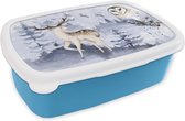 Broodtrommel Blauw - Lunchbox - Brooddoos - Winter - Bos - Uil - Hert - 18x12x6 cm - Kinderen - Jongen