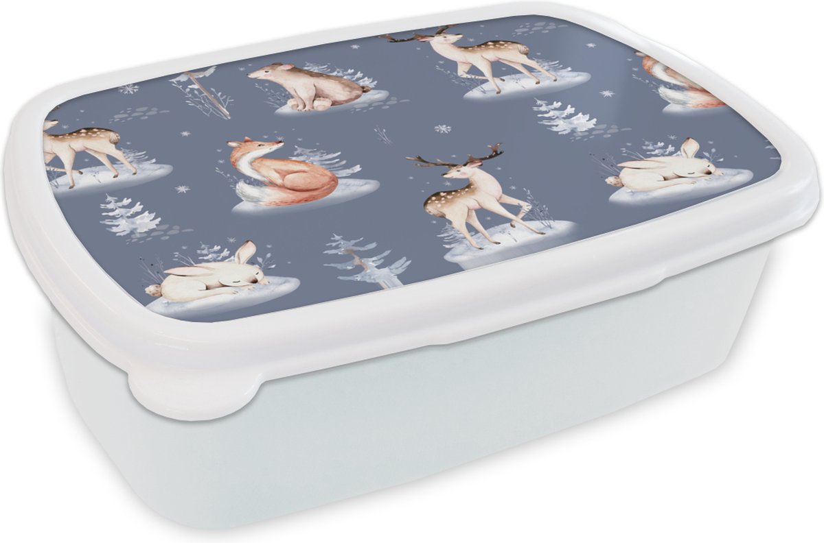 Broodtrommel Wit - Lunchbox - Brooddoos - Winter - Dieren - Patronen - 18x12x6 cm - Volwassenen