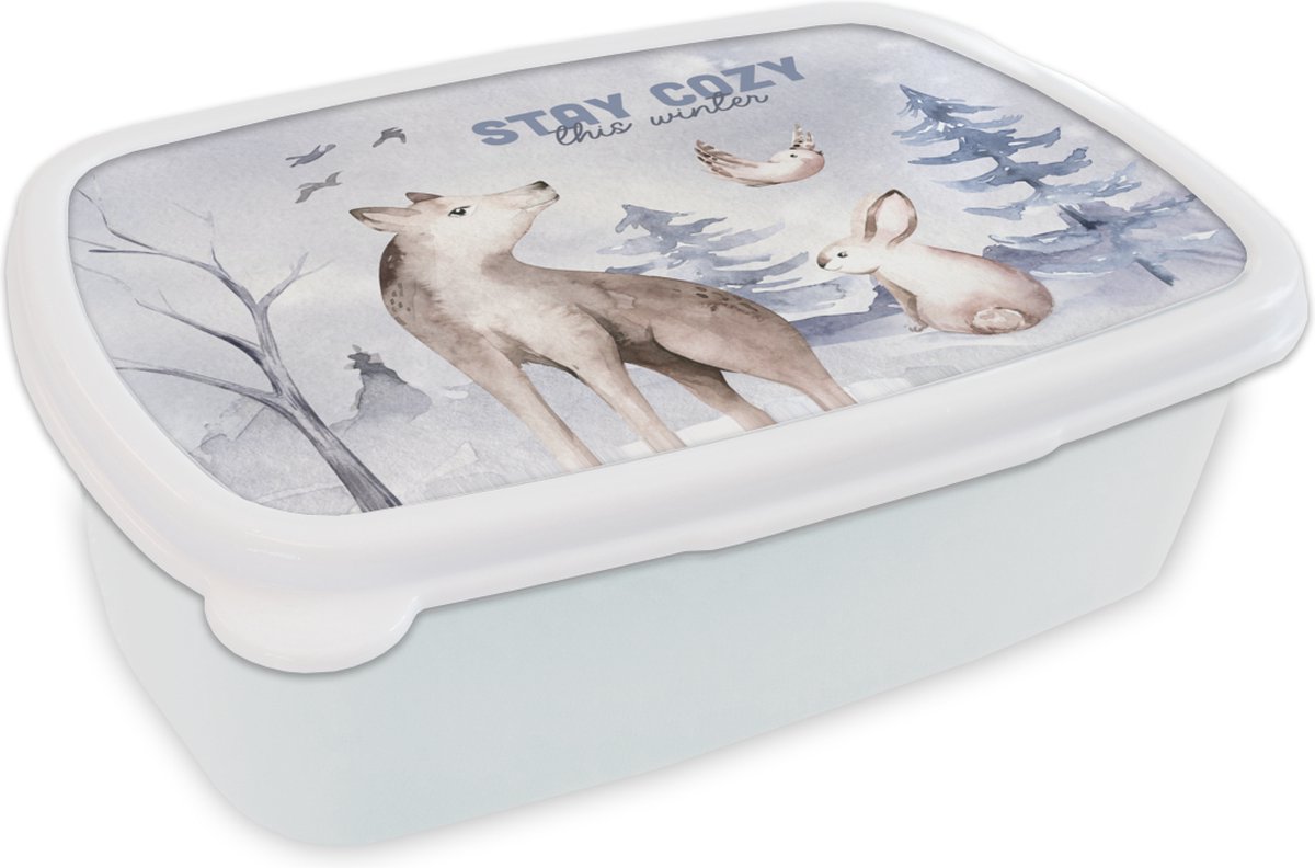 Broodtrommel Wit - Lunchbox - Brooddoos - Winter - Wolf - Vogel - Konijn - 18x12x6 cm - Volwassenen