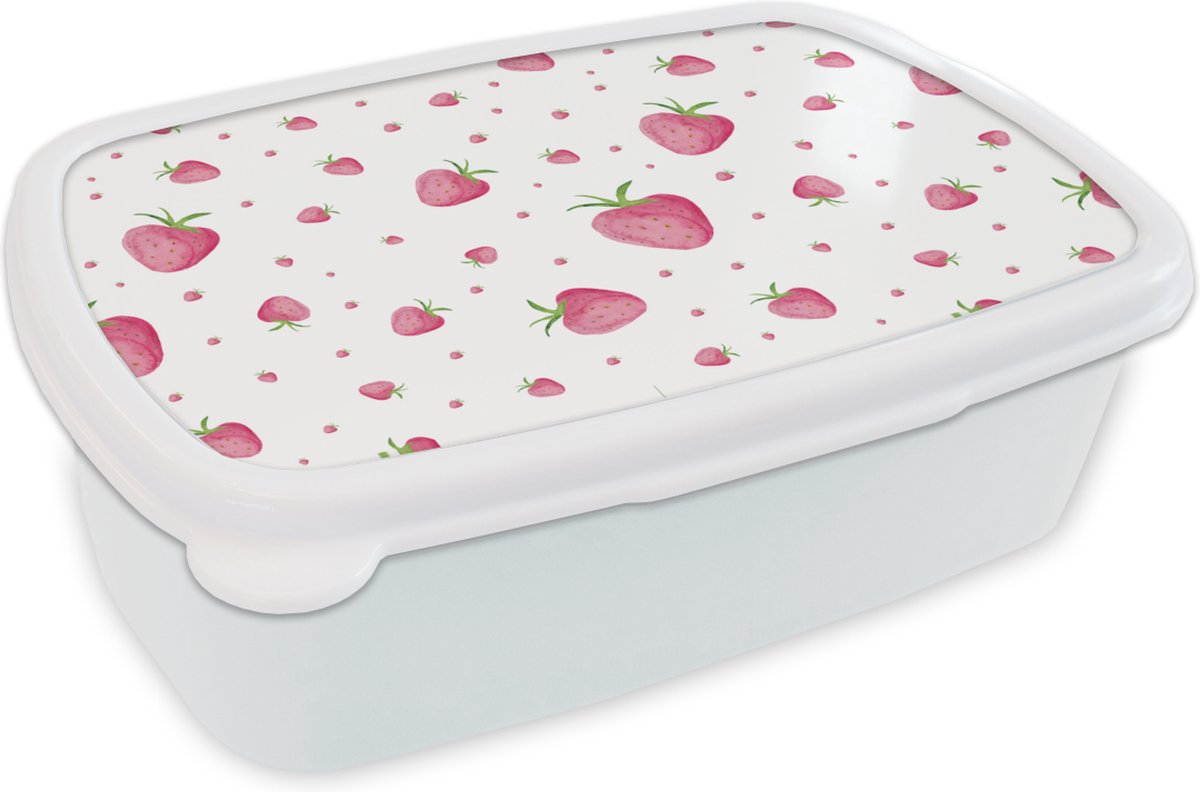 Broodtrommel Wit - Lunchbox - Brooddoos - Aardbei - Fruit - Wit - 18x12x6 cm - Volwassenen