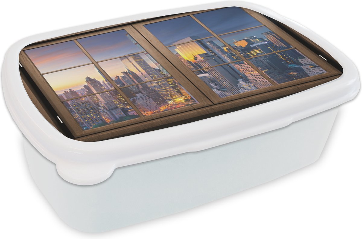 Broodtrommel Wit - Lunchbox - Brooddoos - Doorkijk - Hout - New York - 18x12x6 cm - Volwassenen