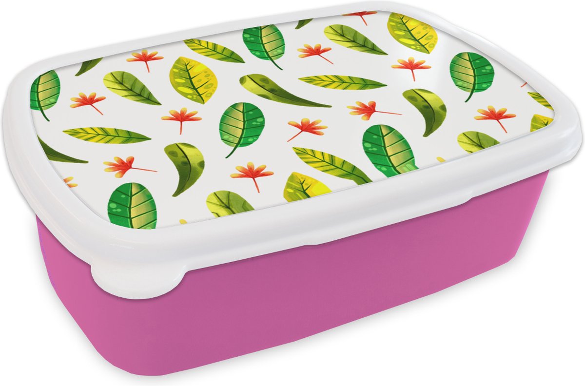 Broodtrommel Roze - Lunchbox - Brooddoos - Jungle - Bladeren - Rood - 18x12x6 cm - Kinderen - Meisje
