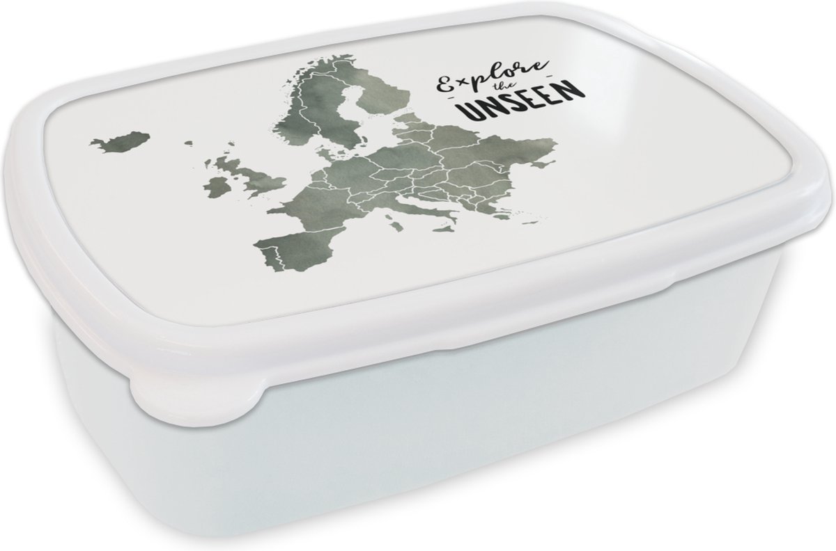 Broodtrommel Wit - Lunchbox - Brooddoos - Europa Kaart - Grijs - Quotes - 18x12x6 cm - Volwassenen