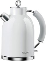 Waterkoker Roestvrij Staal, ASCOT Waterkoker, 2200 W, 1.6 liter, Retro Ontwerp, Snoerloze Theemaker, BPA-vrij, Droogkookbeveiliging, Automatische Uitschakeling, (Wit)