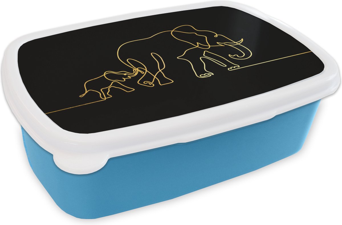 Broodtrommel Blauw - Lunchbox - Brooddoos - Olifant - Goud - Zwart - Minimalisme - 18x12x6 cm - Kinderen - Jongen