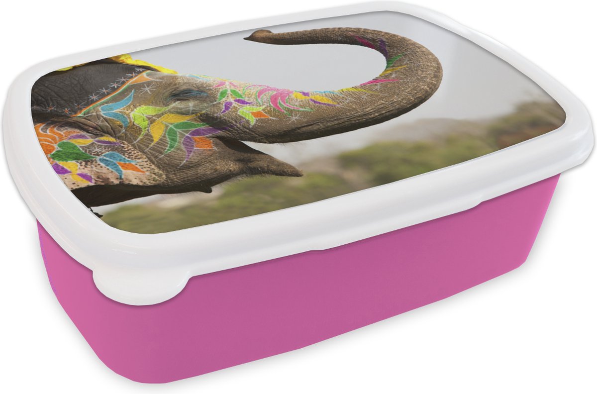 Broodtrommel Roze - Lunchbox - Brooddoos - Olifant - Kunst - India - 18x12x6 cm - Kinderen - Meisje
