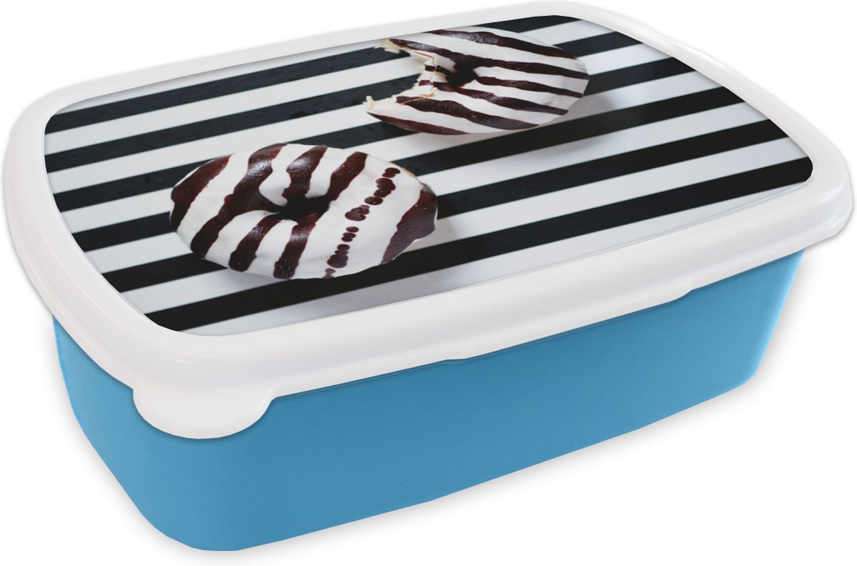 Broodtrommel Blauw - Lunchbox - Brooddoos - Gestreepte donuts - 18x12x6 cm - Kinderen - Jongen