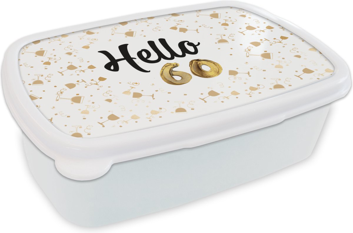 Broodtrommel Wit - Lunchbox - Brooddoos - Feest - 60 jaar - Goud - 18x12x6 cm - Volwassenen