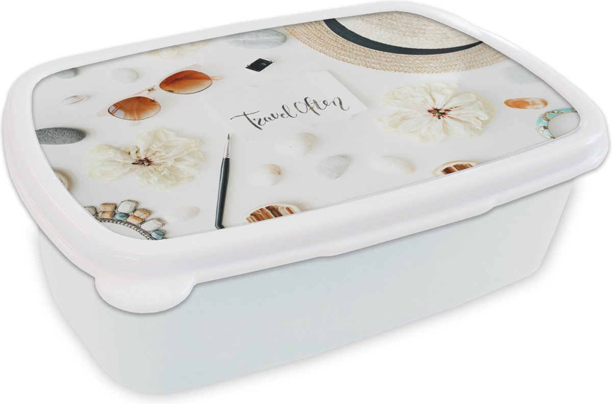 Broodtrommel Wit - Lunchbox - Brooddoos - Tropisch - Hoed - Collectie - 18x12x6 cm - Volwassenen