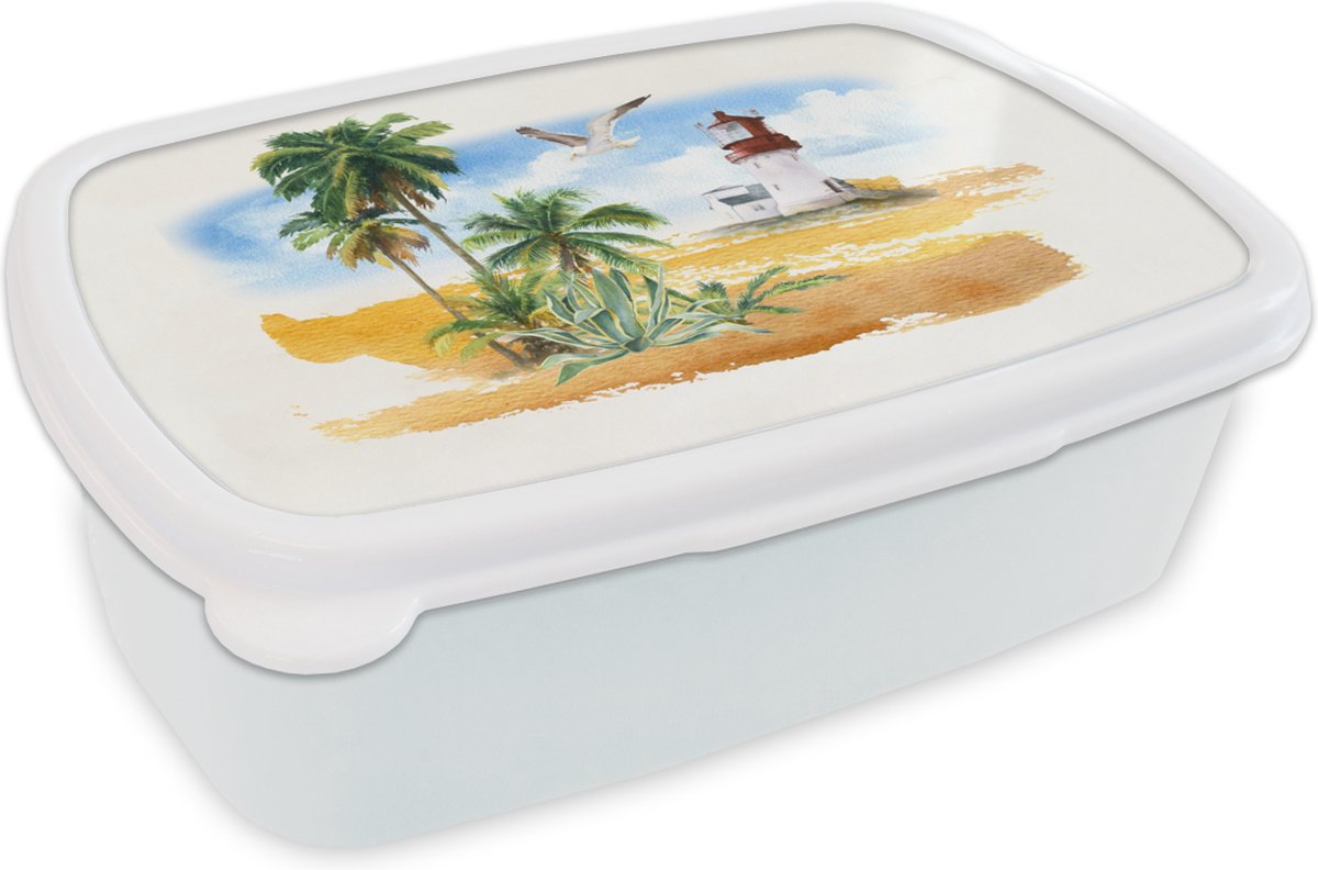 Broodtrommel Wit - Lunchbox - Brooddoos - Vuurtoren - Palmboom - Strand - 18x12x6 cm - Volwassenen