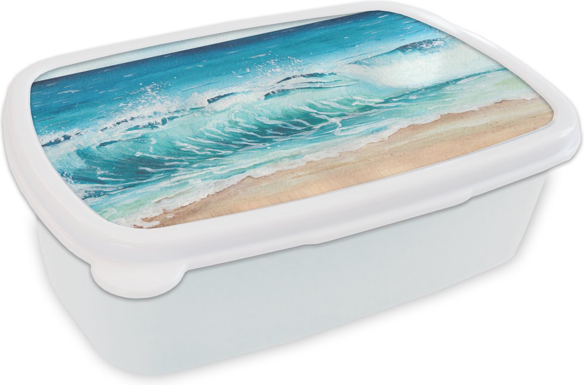 Broodtrommel Wit - Lunchbox - Brooddoos - Golf - Strand - Waterverf - 18x12x6 cm - Volwassenen