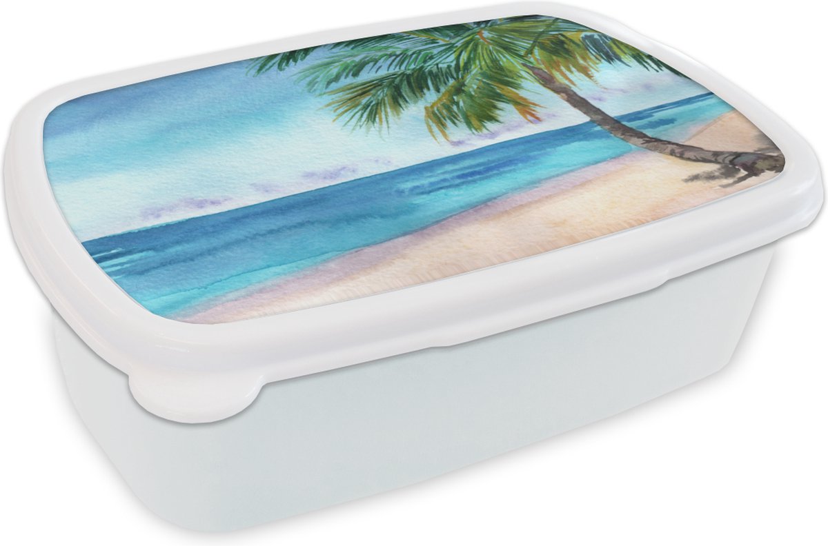 Broodtrommel Wit - Lunchbox - Brooddoos - Strand - Palmboom - Zee - 18x12x6 cm - Volwassenen