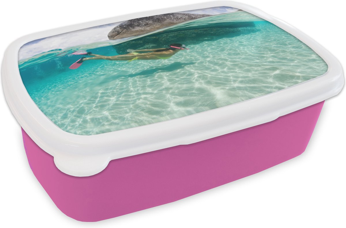 Broodtrommel Roze - Lunchbox - Brooddoos - Zee - Duiken - Turquoise - 18x12x6 cm - Kinderen - Meisje