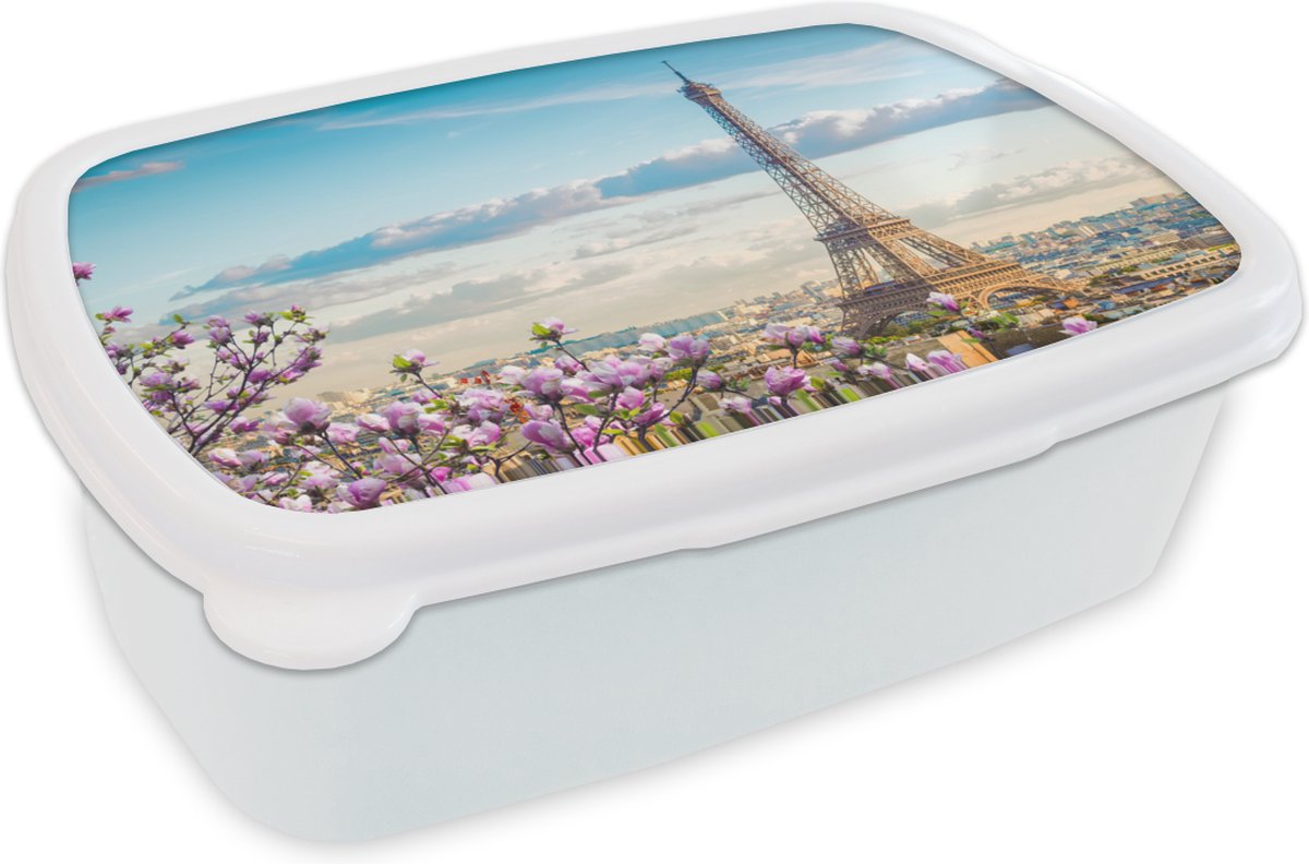 Broodtrommel Wit - Lunchbox - Brooddoos - Eiffeltoren - Bloesem - Lente - 18x12x6 cm - Volwassenen