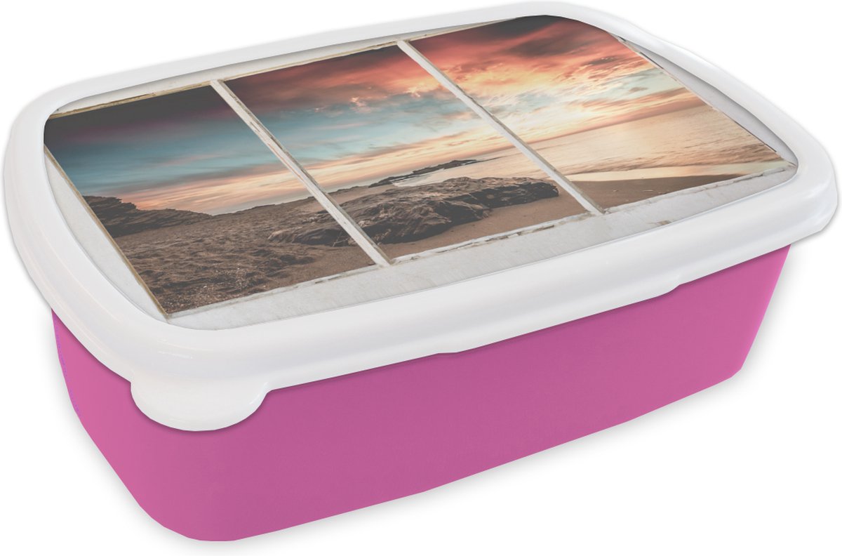 Broodtrommel Roze - Lunchbox - Brooddoos - Doorkijk - Strand - Zee - 18x12x6 cm - Kinderen - Meisje