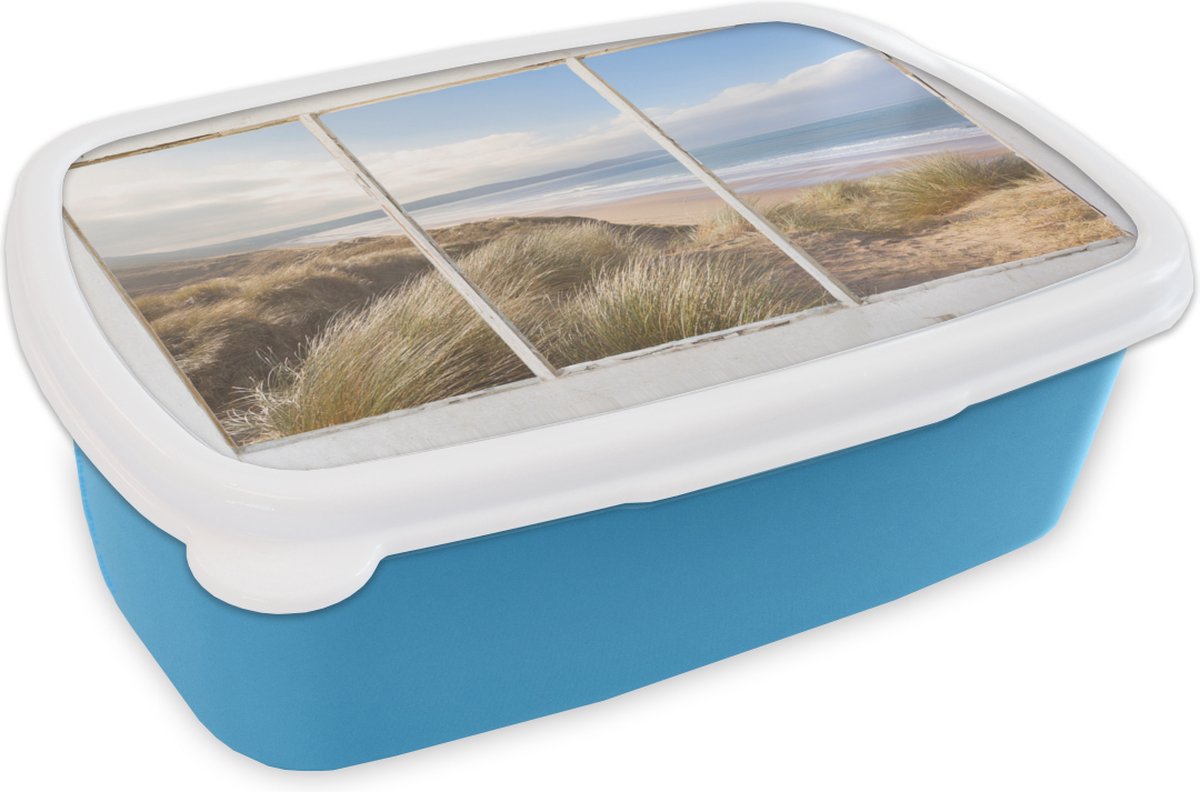 Broodtrommel Blauw - Lunchbox - Brooddoos - Doorkijk - Strand - Zee - 18x12x6 cm - Kinderen - Jongen