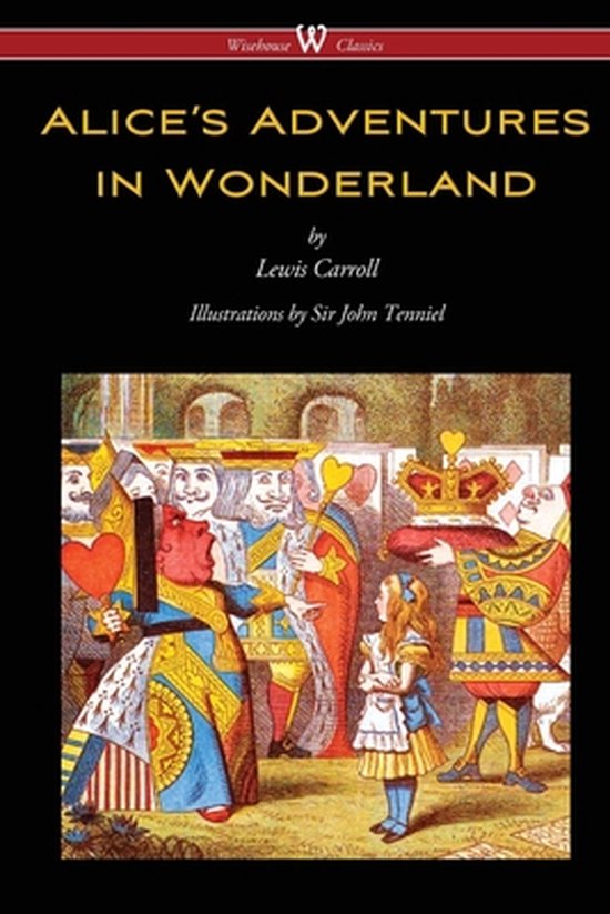 Boekomslag 'Alice's Adventures in Wonderland' met Alice en de kaartenkoning. Geel en rood.