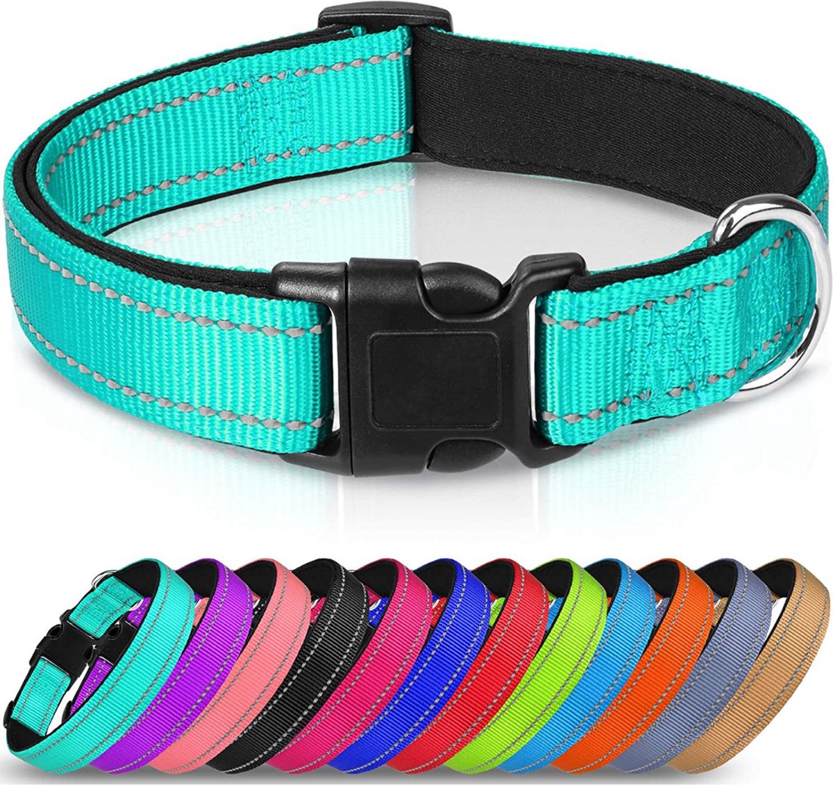Halsband hond - reflecterend - turquoise - maat XL - oersterk - waterdicht - hondenhalsband - geschikt voor iedere hondenriem - voor hele grote honden