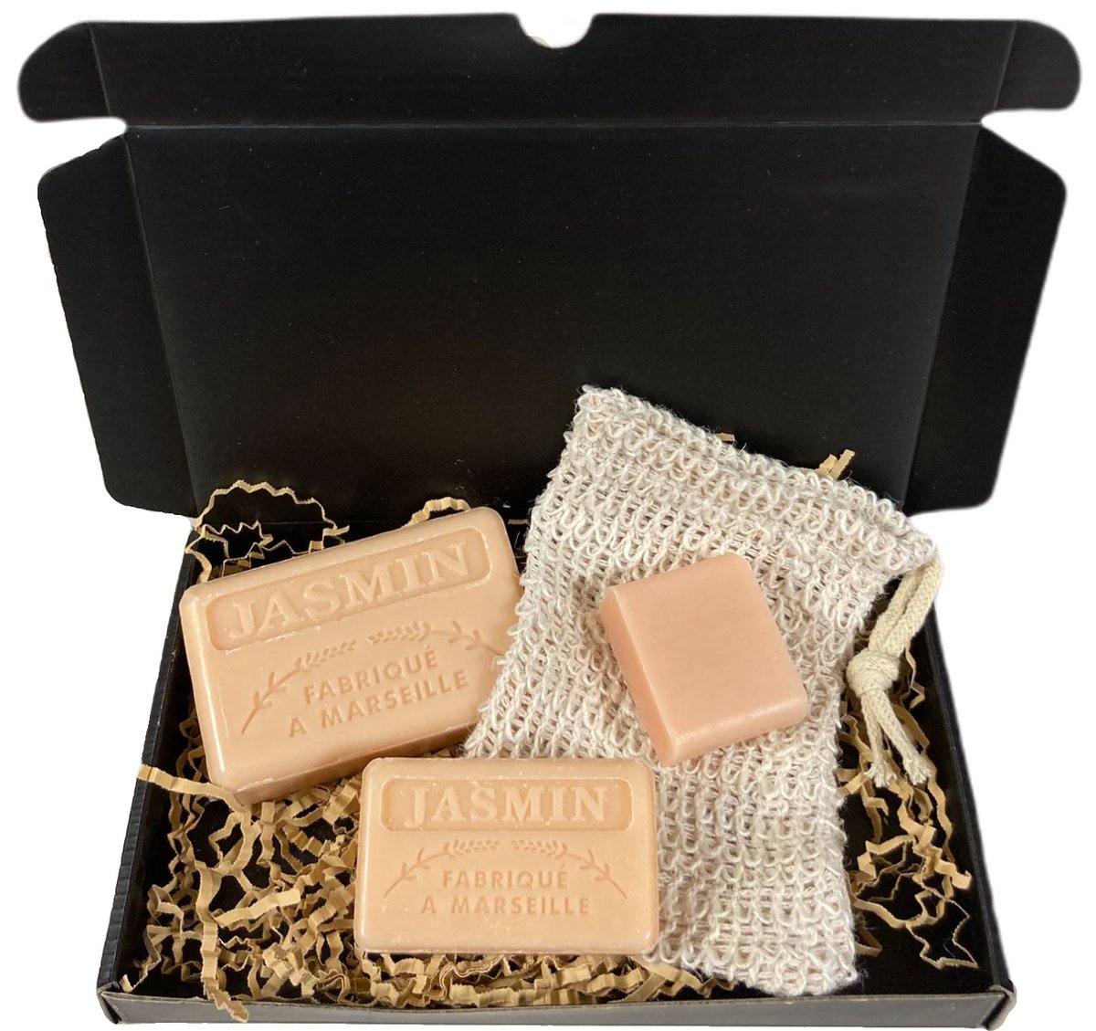 Goedkoopste Zeepbox cadeau Jasmijn 1x125 g. 1x60 g. 1x30g. 1x Sisal zeep scrub zakje - cadeautje