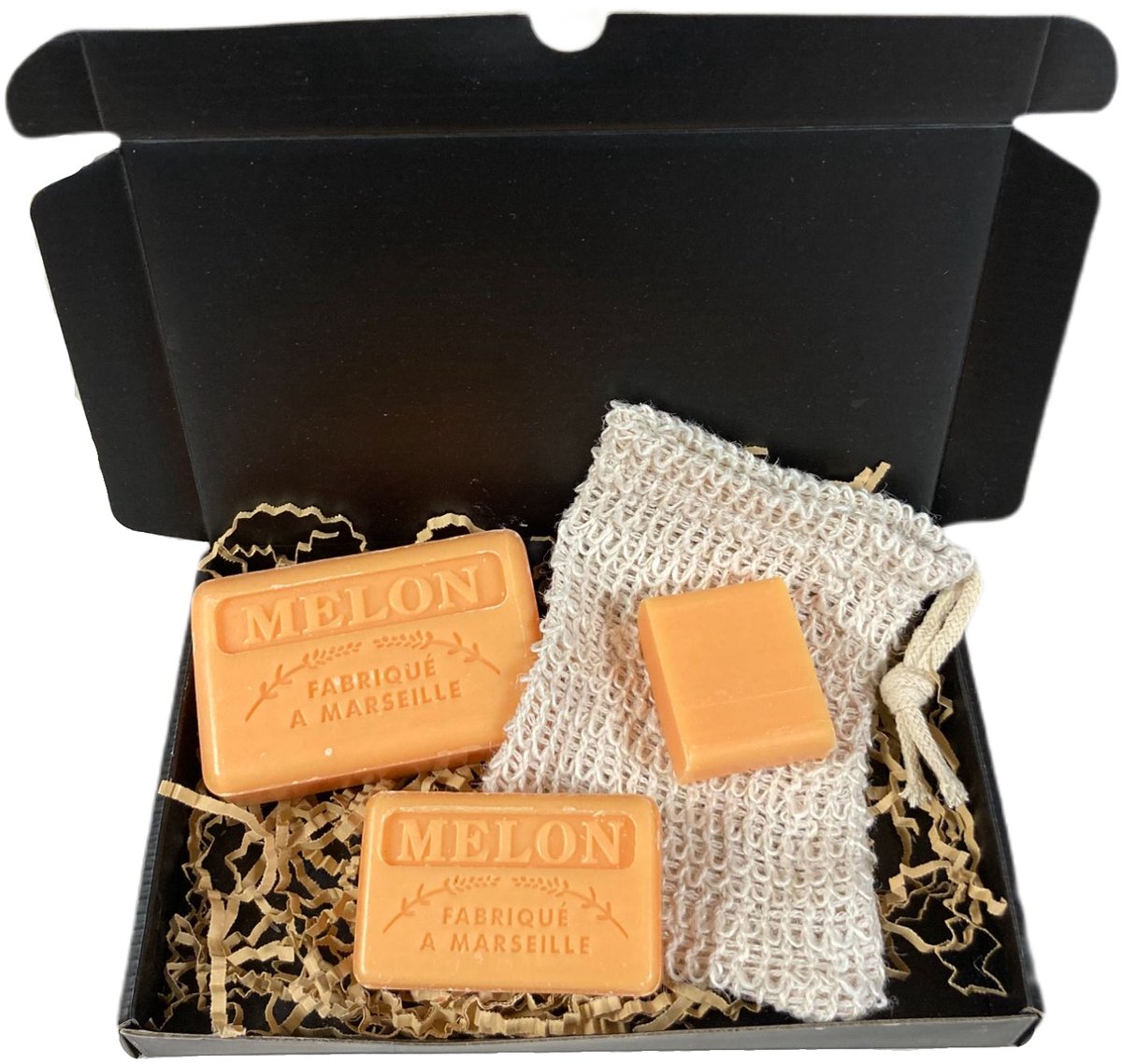 Goedkoopste Zeepbox cadeau Meloen 1x125 g. 1x60 g. 1x30g. 1x Sizal zeep scrub zakje