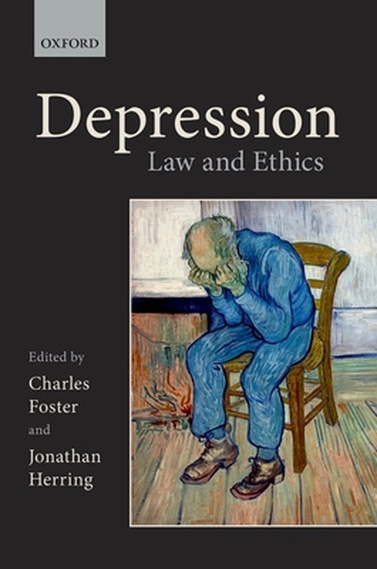 Boek 'Depression: Law and Ethics' met een schilderij van een man die in elkaar gezakt op een stoel zit.