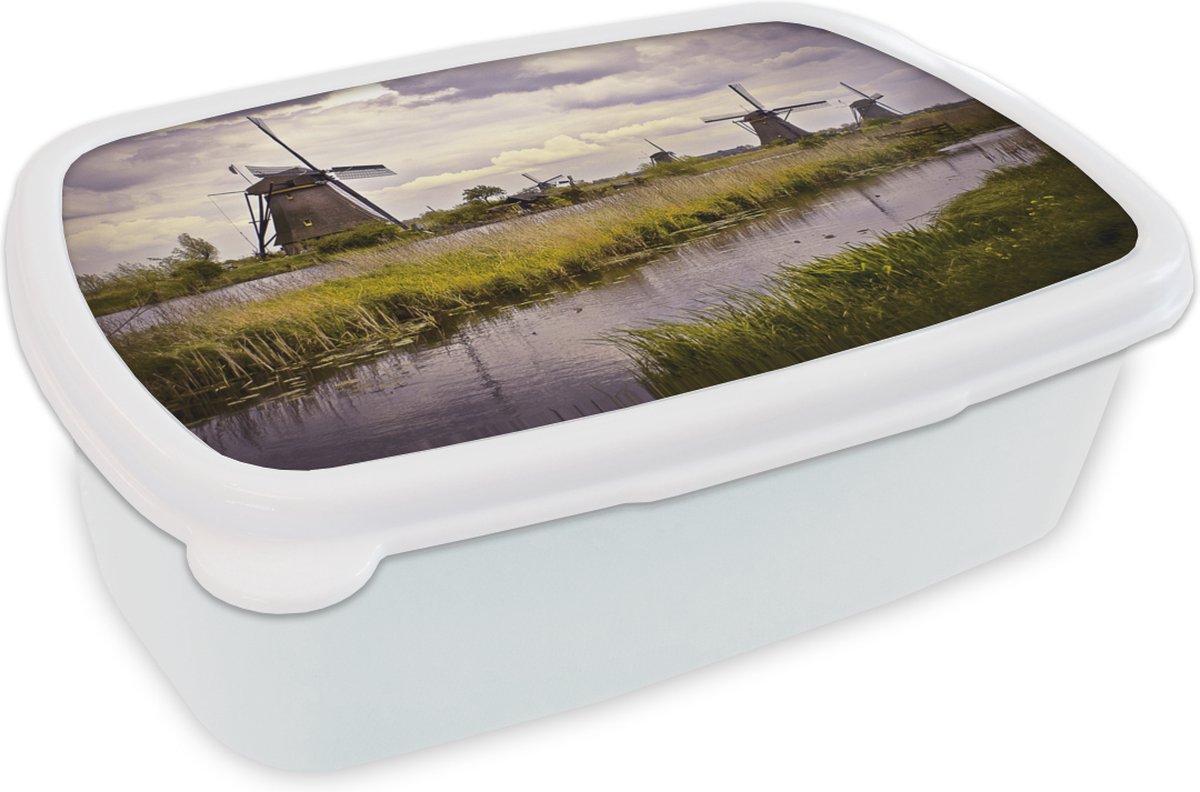 Broodtrommel Wit - Lunchbox - Brooddoos - Molen - Nederland - Water - 18x12x6 cm - Volwassenen