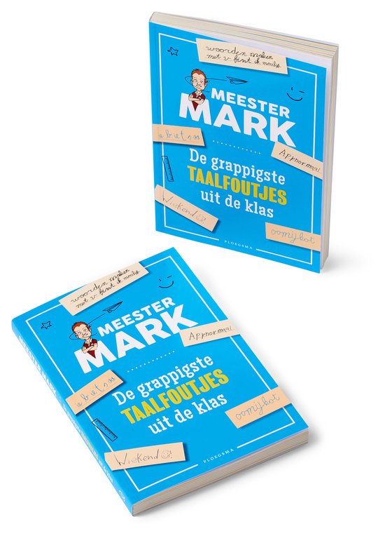 Twee blauwe boeken met de titel 'Meester Mark - De grappigste taalfoutjes uit de klas'. Op de voorkant staat een cartoon van Meester Mark.