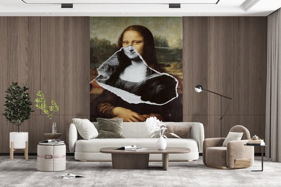 Papier Peint - Papier Papier peint photo Mona Lisa - Zwart - Wit - Da Vinci - Largeur 225 cm x Hauteur 350 cm