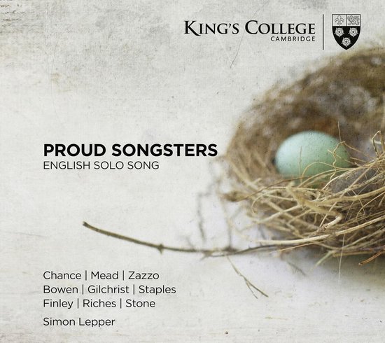Albumcover met een vogelverschrikker en een ei in een nest. Titel: PROUD SONGSTERS ENGLISH SOLO SONG.