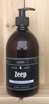 Zeepdispenser | Zeeppompje | Zeep | amber glas | 500ml | Vintage label | Plastic pompje | Glas