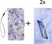 Bookcase Geschikt voor: Nokia 1.4 hoesje met print - Flowers met 2 stuks Glas Screen protector