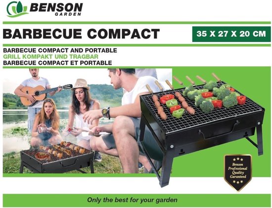 Benson Compacte barbecue met handvat - draagbaar - 35 x 27 x 20 cm - zwart