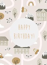 Verjaardagskaart - Ansichtkaart - Met Kraft Envelop - A6 - 10x15cm - Weg met huisjes en auto s - Happy Birthday - 2 stuks
