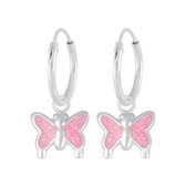 Joy|S - Zilveren vlinder bedel oorbellen - roze glitter - oorringen